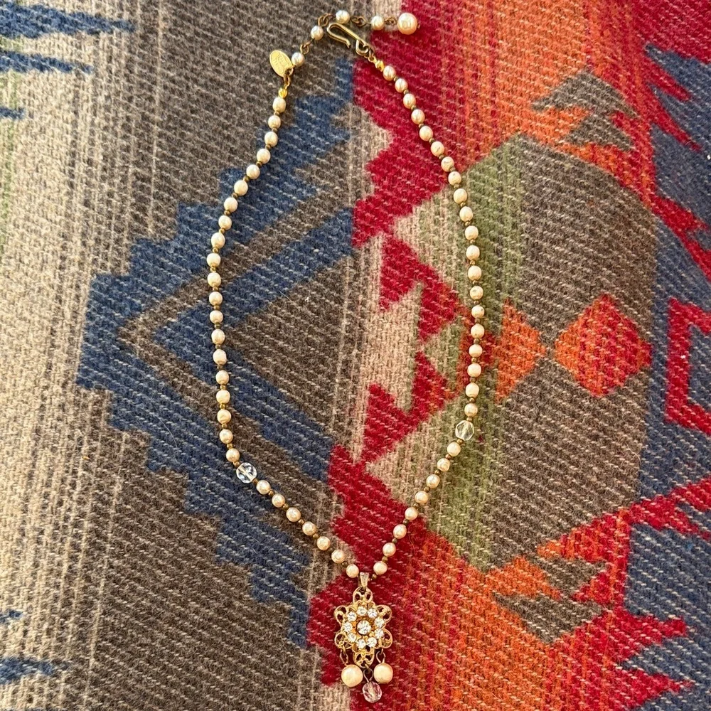 Vintage Miriam Haskell Gold Pearl Beaded Pendant Necklace
